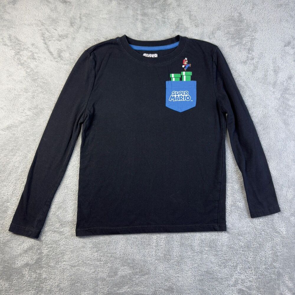 Super Mario Shirt Kids Boy Medium Black Nintendo Long Sleeve Cotton Video Game